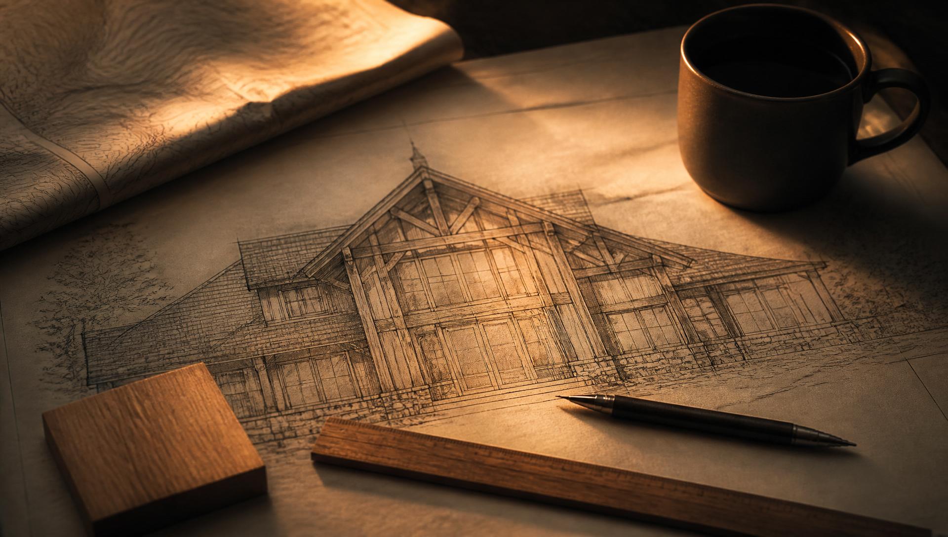 Hand-drawn timber frame sketches and design conversation at Hearthstone