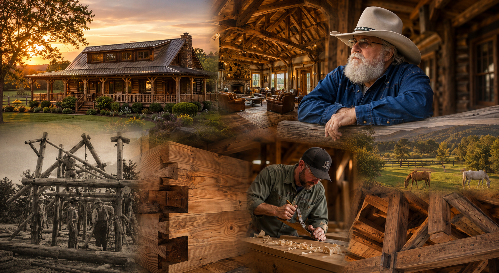 Editorial collage — Johnny Cash beside the Cash Cabin, Charlie Daniels beside a Tennessee log ranch, framed by hand-hewn timbers, a craftsman at work, and archival raising photographs, under the Hearthstone mark.