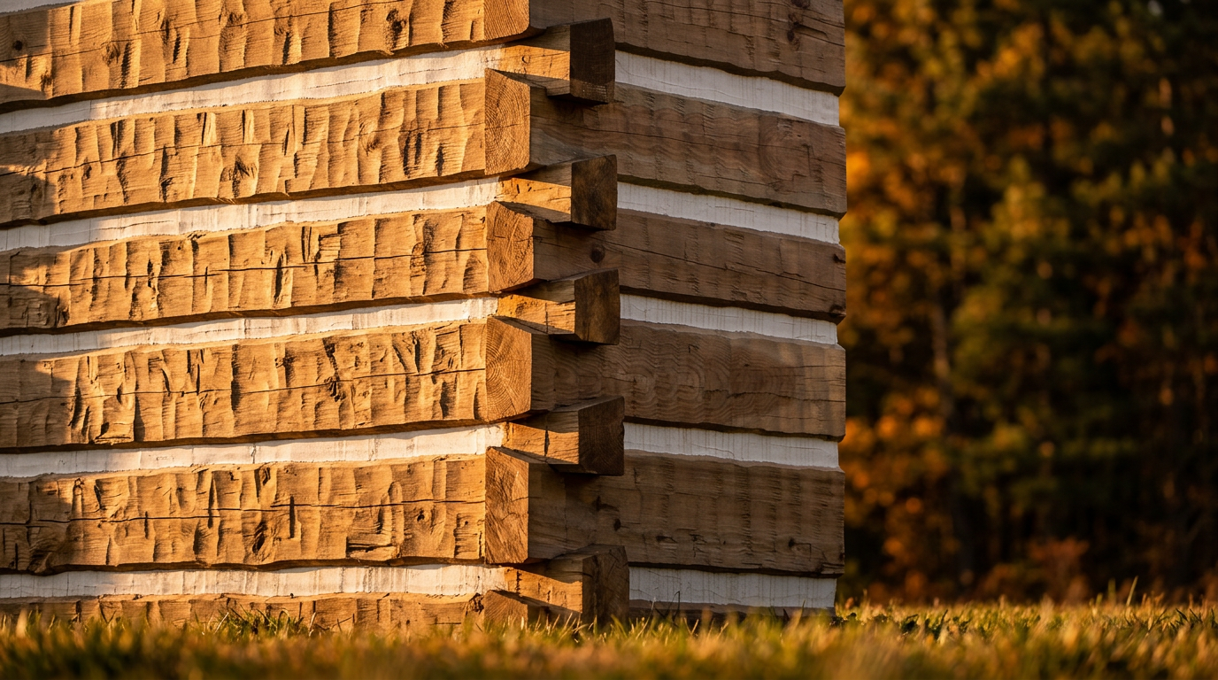 Chink line detail between hand-hewn logs