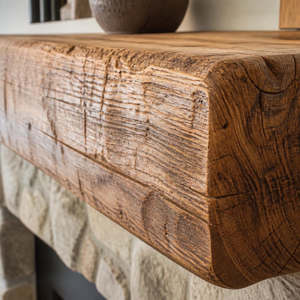 A hand-hewn mantel with visible adze marks