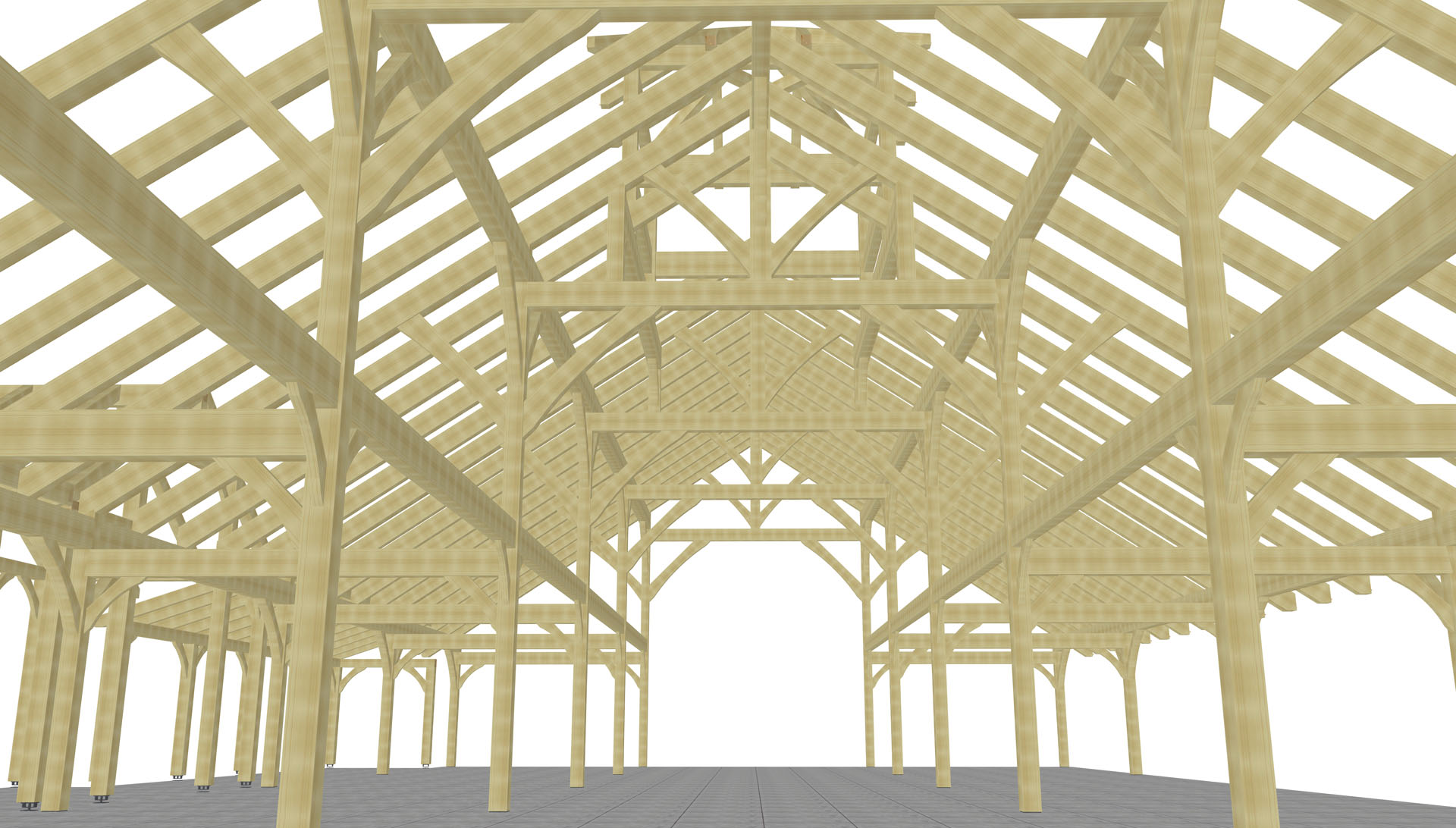 Timber frame shop model of the distillery bents and trusses
