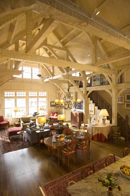 Great room interior with hammer-beam trusses and cathedral ceiling — Jackson family home