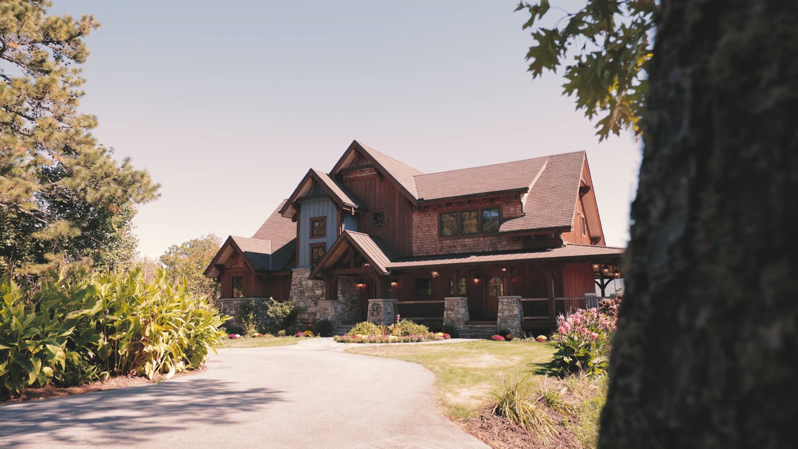 Timber frame mountain home in North Carolina at dusk